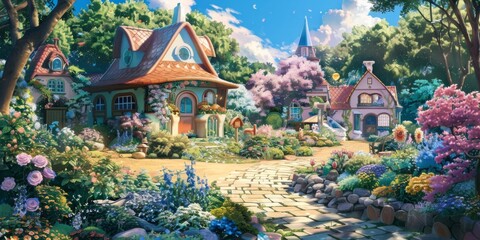 Fototapeta premium Whimsical Anime-Style Garden Paradise: A Fantasy Wonderland Bursting with Colorful Blossoms and Playful Charm
