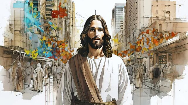 Jesus Christ face portrait in modern city environment in mixed media art stile animation --4k stock video footage AI	
