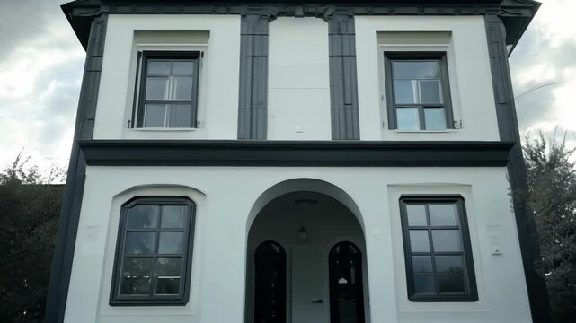 A striking black and white duplex with a unique arched entrance.