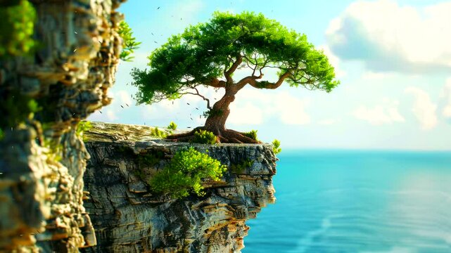 Aerial Balance: The Delicate Bonsai Tree Braving the Cliff's Challenge