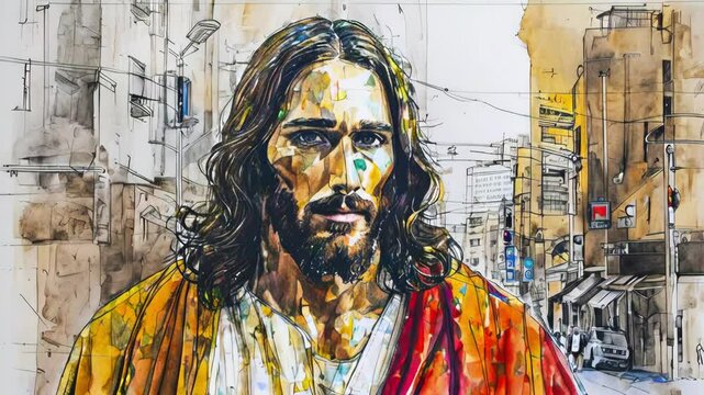 Jesus Christ face portrait in modern city environment in mixed media art stile animation --4k stock video footage AI	