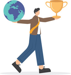 Winner gold trophy and globe. Businessman worldwide winner, winning global competition, achieve success or victory internationally, and globalization business concepts. Flat modern vector illustration