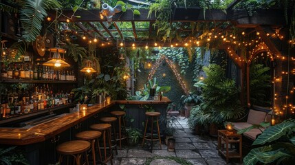 Secret garden bar with fairy lights, lush greenery, and artisanal drinks, secluded and magical setting, copy space, perfect for hidden and enchanting nightlife experiences.