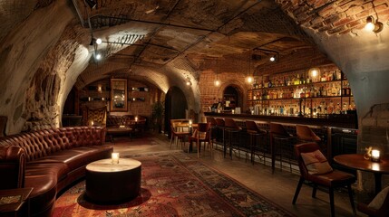 Underground bar with exposed brick walls, vintage furniture, and dim lighting, secret entrance, copy space, ideal for hidden gems and nightlife adventures.