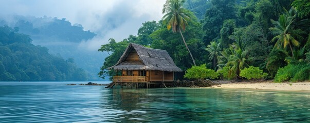 Abandoned hut on a deserted island, surrounded by dense jungle and untouched nature, copy space, perfect for survival and exploration content.
