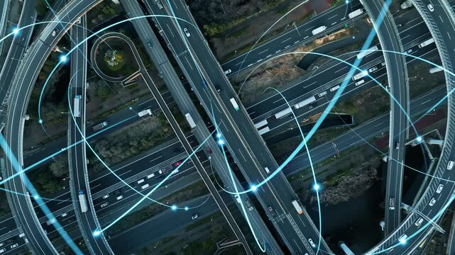 Composited image of drone aerial view of modern highway with cars running and communication network concept.