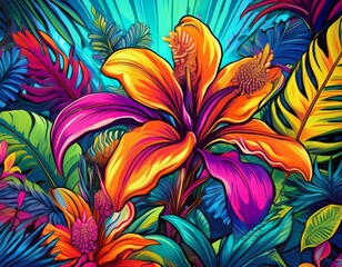 Colorful Tropical Plants and Flowers with Bold Lines and Bright Colors