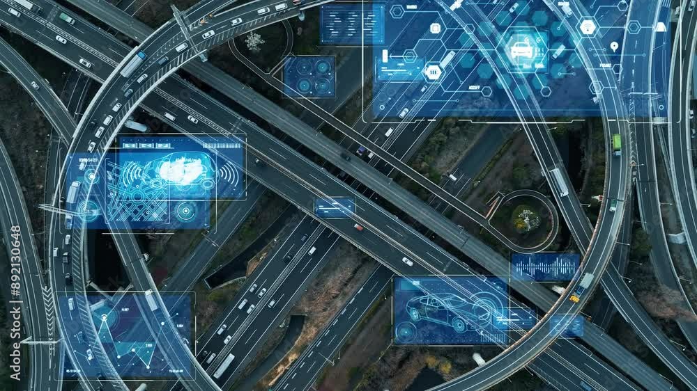 Poster Composited image of drone aerial view of modern highway with cars running and digital technology concept.