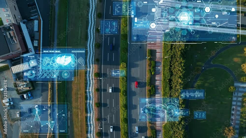 Poster composited image of drone aerial view of modern road with cars running and digital technology concep