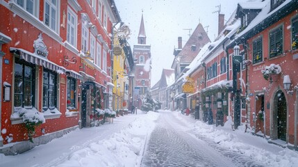 Fototapeta premium Historic buildings in winter, snow-covered roofs, charming old town, wintery city scene, cobblestone streets, crisp details, copy space.