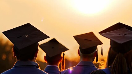 Students graduated from high school, college, university received bachelor degree ceremony. Graduation, schoolchildren in black academic caps and gowns . Silhouettes at sunset, educational institution