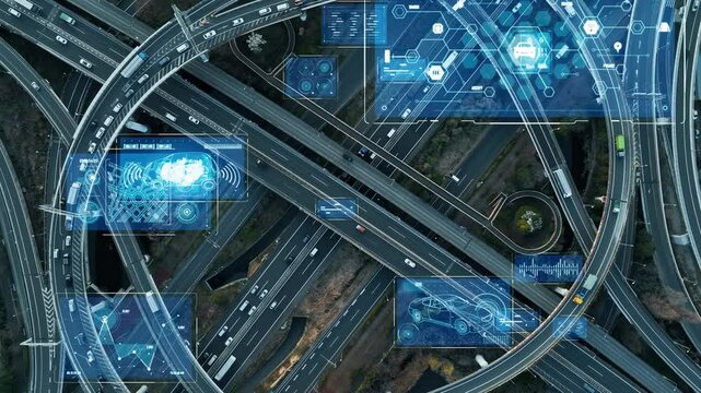 Composited image of drone aerial view of modern highway with cars running and digital technology concept.