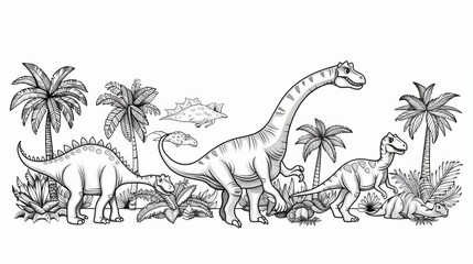 Coloring book page featuring an outline of dinosaurs in a line for easy coloring. 