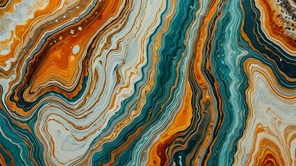Fototapeta premium Abstract paint background with wavy lines in teal, orange, white.