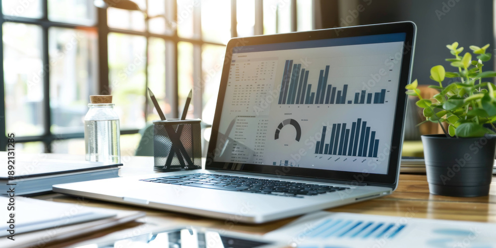 Poster modern workplace concept - open laptop displaying financial data on desk