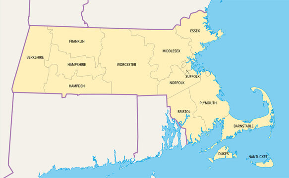Massachusetts counties, political map. Commonwealth of Massachusetts, a state in the New England region of Northeastern United States, subdivided into 14 counties. With boundaries and county names.