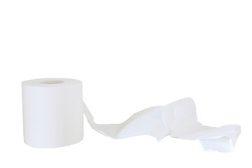 Soft white tissue roll (toilet roll, loo roll, bog roll) slightly unravelled, against white background