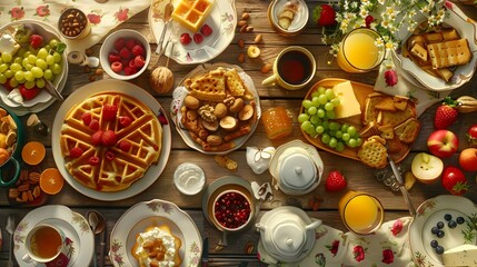 breakfast table full of various dishes. Belgian waffles, jam, nuts, fresh juice, sliced fruits, cheese platter, and a pot of hot coffee on breakfast table