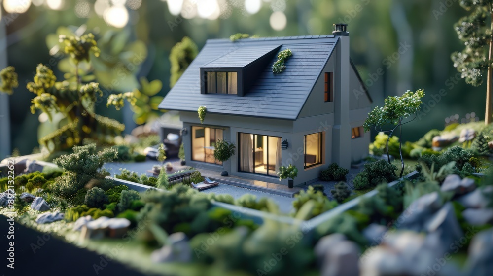 Poster 3d small house model on architecture floorplan created with Generative AI