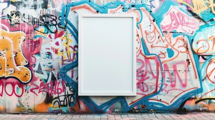 Blank Picture Frame Against Vibrant Graffiti Wall - Urban Art Display for Modern Advertising, Generative Ai