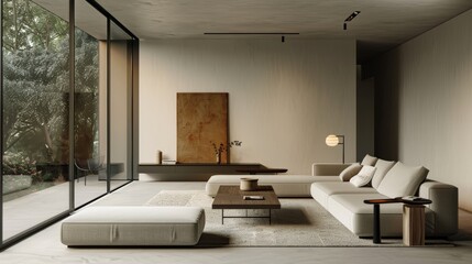 A minimalist living room with sleek furniture, clean lines