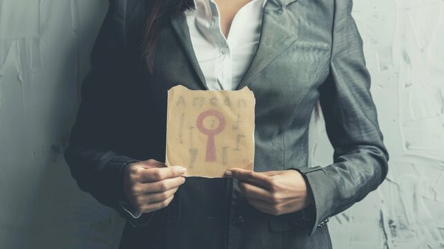 Businessperson advocating against female genital mutilation with a handwritten sign on a grey background