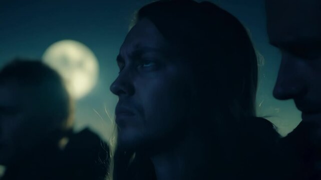 The camera captures the tense and uneasy expressions of a group of people as they stand frozen in the unnerving stillness of the night.