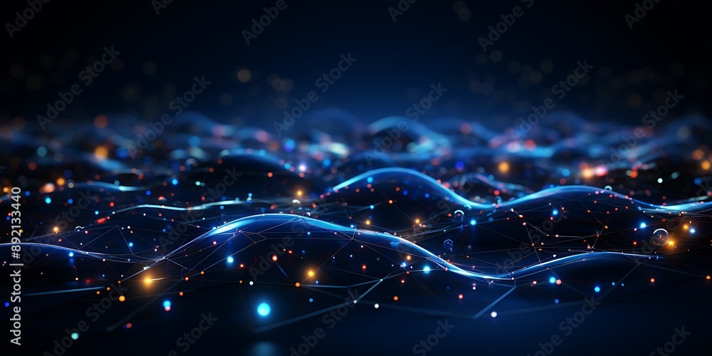 Fototapete Background with light lines and dots in the shape of waves. A background with a technology style and vector graphics. Network connections are in the top right corner with a futuristic design.