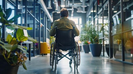 wheelchair person, working in a contemporary office setting, highlighting empowerment and inclusion