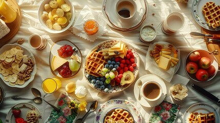 breakfast table full of various dishes. Belgian waffles, jam, nuts, fresh juice, sliced fruits, cheese platter, and a pot of hot coffee on breakfast table