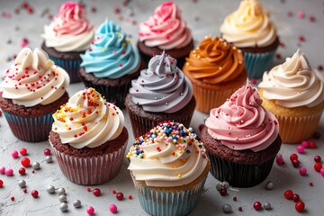 A colorful assortment of cupcakes with various frosting flavors and sprinkles, perfect for parties and celebrations. Delicious and visually appealing.