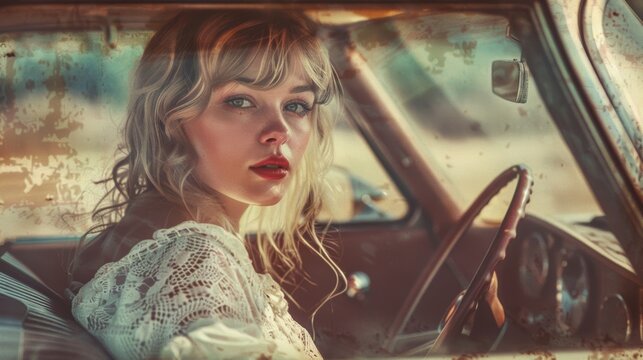 A vintage-inspired portrait of a woman in a classic car, with faded colors and a nostalgic atmosphere