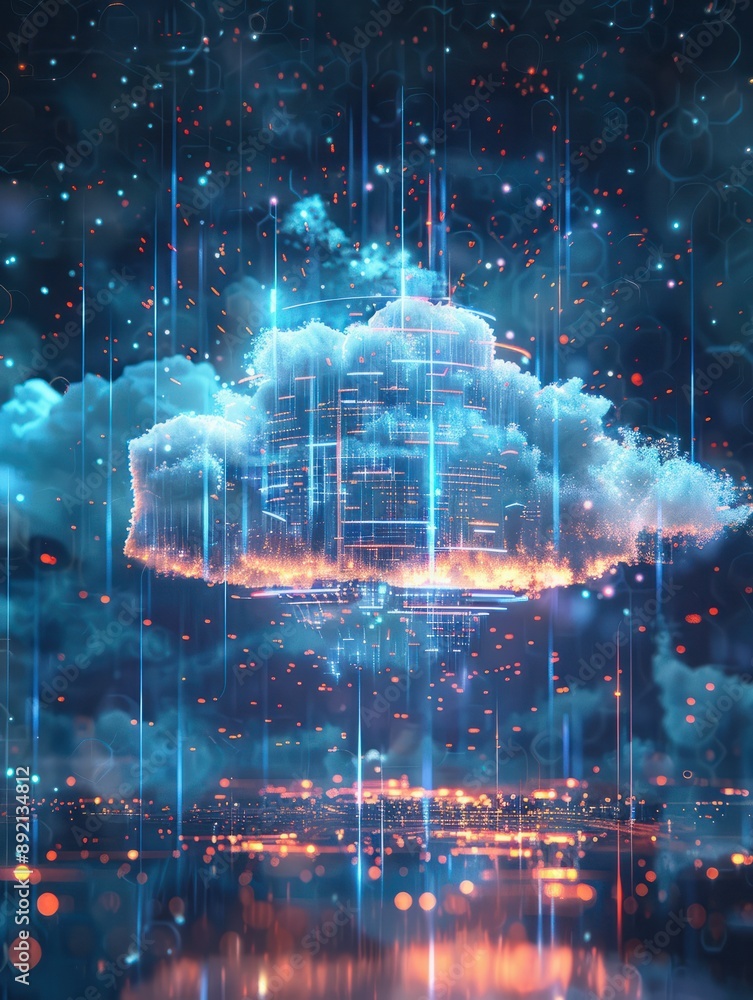 Poster digital informational technology web futuristic hologram with cloud, generative ai
