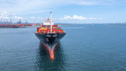 Fototapeta premium Aerial view container cargo ship sea freight shipping, Global business industry import export logistic transportation international by container cargo ship, Container ship commercial freight shipping.