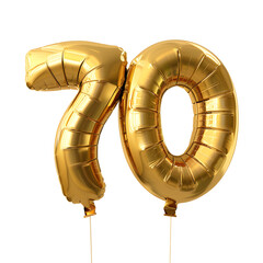 Number "70" foil golden balloon isolated on white background
