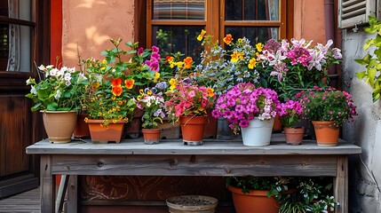 Composition of assorted blooming flowers planted in pots and placed on wooden table in courtyard in village