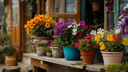 Composition of assorted blooming flowers planted in pots and placed on wooden table in courtyard in village
