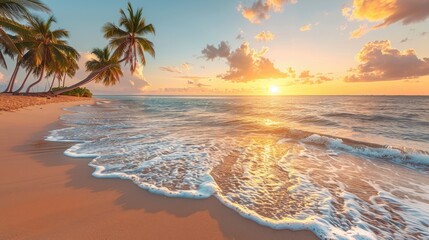 Tropical beach at sunset, golden sands, palm trees, calm waves, serene summer evening, picturesque coastline, copy space.