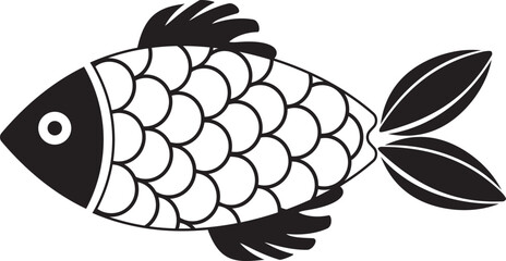 Decorative fish illustration with simple patterns. Abstract decorated black and white fish icon. Stylized, decorative underwater creatures designs. Black geometric fish isolated.