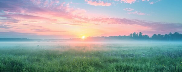 Meadow at dawn with mist rising, soft pastel colors, tranquil and serene atmosphere, perfect for landscape and nature photography promotions, copy space.
