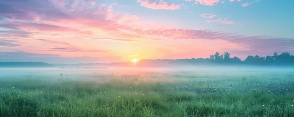 Fototapete Wartezimmer Meadow at dawn with mist rising, soft pastel colors, tranquil and serene atmosphere, perfect for landscape and nature photography promotions, copy space.  © vlabcolor