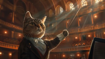 cat as an orchestra conductor, with a baton and symphony hall backdrop