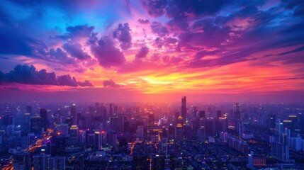 Obraz premium Modern cityscape at dusk, colorful sunset transitioning to city lights, dynamic and vibrant, ideal for urban and twilight visuals, copy space.