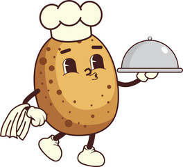 Funny cartoon potato chef walking and holding silver tray food illustration. Vegetable character, healthy food concept.
