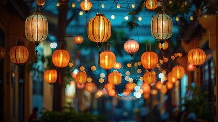 Traditional lanterns hanging above a night market street, creating a festive and enchanting ambiance, copy space, perfect for cultural festivals and vibrant night scenes.