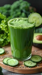 Glass of tasty cucumber smoothie on grey table, closeup