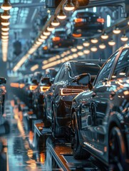 Fototapeta premium Mass production assembly line of modern cars in a busy factory, generative ai