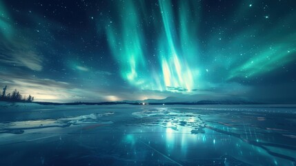 Aurora borealis dancing above a tranquil frozen lake, reflections shimmering on the ice, copy space, perfect for serene and magical night sky themes.