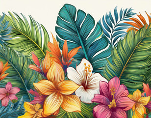 Naklejka premium Palm Leaves and Exotic Flowers in a Seamless Border for Design Projects