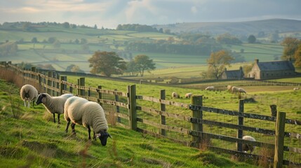 Obraz premium Sheep grazing on rolling hills, wooden fence and farmhouse in the distance, calm and picturesque, great for countryside and agriculture imagery, copy space.